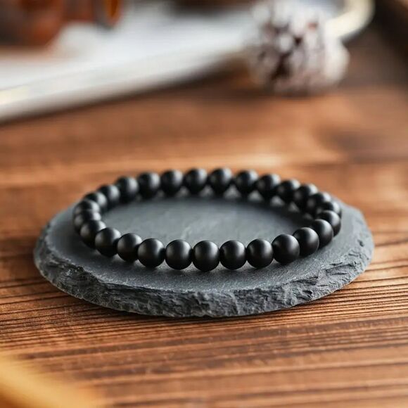 Natural Black Onyx Beaded Stretch Bracelet Meaningful Boho Stone New - Picture 1 of 7